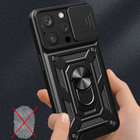 Pancerne etui z podstawką i osłoną aparatu do iPhone 15 Pro Hybrid Armor Camshield - czarny