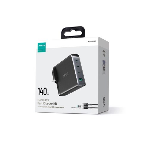 Szybka ładowarka sieciowa GaN 140W 3 x USB-C / USB-A Joyroom JR-TCG05EU - czarna + kabel USB-C - USB-C 240W 1.2m Szybka ładowarka sieciowa GaN 140W 3 x USB-C / USB-A Joyroom JR-TCG05EU - czarna + kabel USB-C - USB-C 240W 1.2m