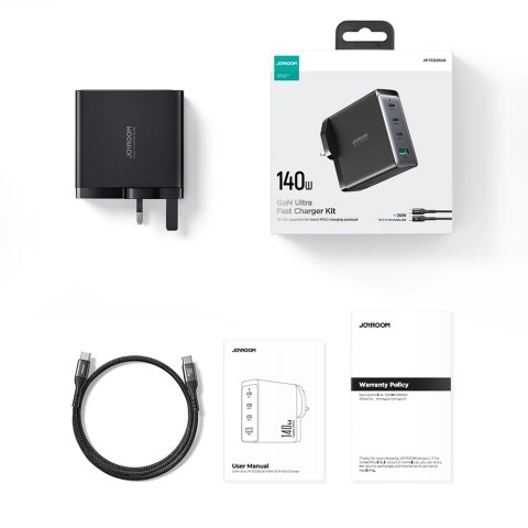 Szybka ładowarka sieciowa GaN 140W 3 x USB-C / USB-A Joyroom JR-TCG05EU - czarna + kabel USB-C - USB-C 240W 1.2m Szybka ładowarka sieciowa GaN 140W 3 x USB-C / USB-A Joyroom JR-TCG05EU - czarna + kabel USB-C - USB-C 240W 1.2m