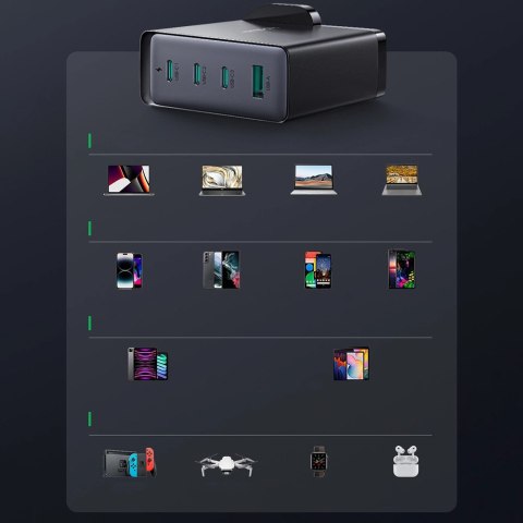 Szybka ładowarka sieciowa GaN 140W 3 x USB-C / USB-A Joyroom JR-TCG05EU - czarna + kabel USB-C - USB-C 240W 1.2m Szybka ładowarka sieciowa GaN 140W 3 x USB-C / USB-A Joyroom JR-TCG05EU - czarna + kabel USB-C - USB-C 240W 1.2m