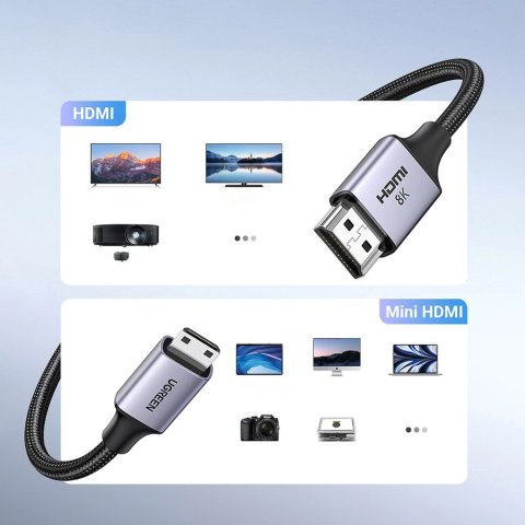 Kabel Ugreen HD163 15515 mini HDMI / HDMI 2.1 8K 2m - szary Kabel Ugreen HD163 15515 mini HDMI / HDMI 2.1 8K 2m - szary