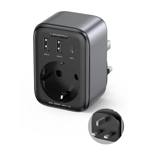 Ładowarka sieciowa 30W (2xUSB/USB C/AC) / adapter EU - UK 13A Ugreen CD314 - czarna