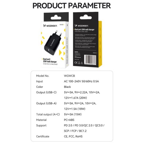 Ładowarka sieciowa Wozinsky WGWCB USB-A USB-C 20W - czarna Ładowarka sieciowa Wozinsky WGWCB USB-A USB-C 20W - czarna