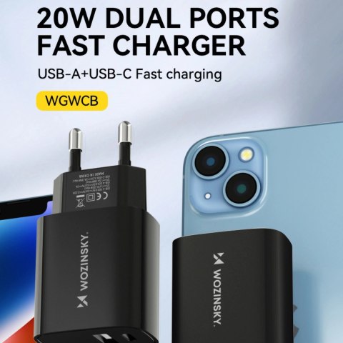 Ładowarka sieciowa Wozinsky WGWCB USB-A USB-C 20W - czarna Ładowarka sieciowa Wozinsky WGWCB USB-A USB-C 20W - czarna