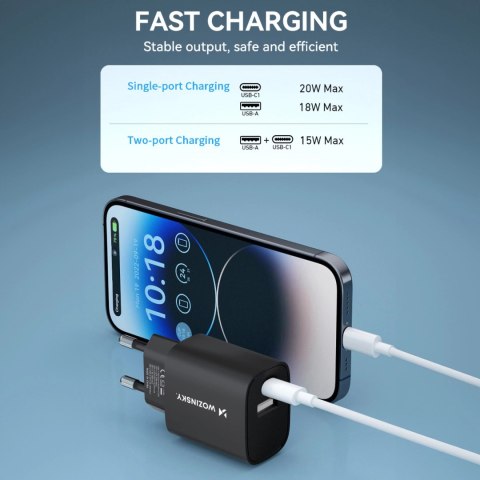 Ładowarka sieciowa Wozinsky WGWCB USB-A USB-C 20W - czarna Ładowarka sieciowa Wozinsky WGWCB USB-A USB-C 20W - czarna
