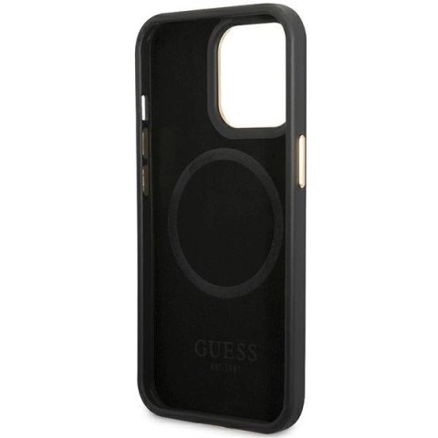 Etui Guess Peony Logo Plate MagSafe na iPhone 14 Pro - czarne