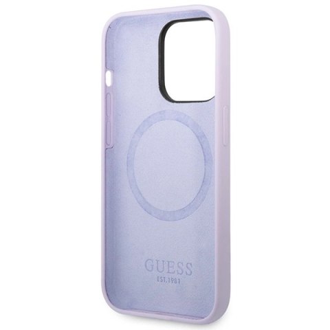 Etui Guess Silicone Logo Plate MagSafe na iPhone 14 Pro - fioletowe
