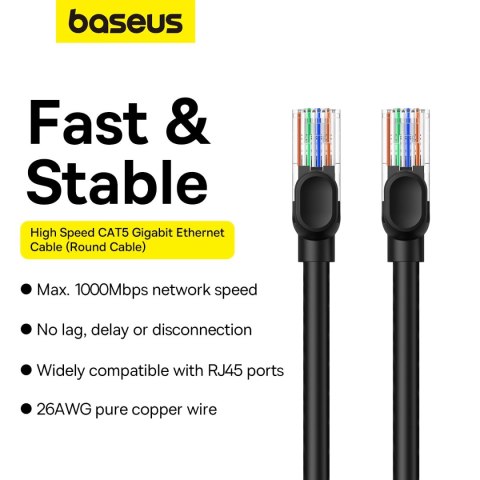 Kabel Ethernet Baseus High Speed Cat 5 RJ-45 1000Mb/s 3m okrągły - czarny Kabel Ethernet Baseus High Speed Cat 5 RJ-45 1000Mb/s 3m okrągły - czarny