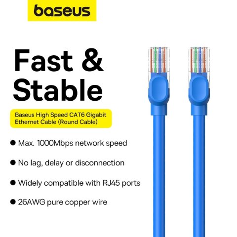 Kabel Ethernet Baseus High Speed Cat 6 RJ-45 1000Mb/s 5m okrągły - niebieski Kabel Ethernet Baseus High Speed Cat 6 RJ-45 1000Mb/s 5m okrągły - niebieski