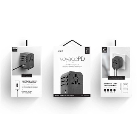 Adapter podróżny UNIQ Voyage LITHOS Collective 33W 2xUSB PD 18W QC 3.0 - szary Adapter podróżny UNIQ Voyage LITHOS Collective 33W 2xUSB PD 18W QC 3.0 - szary