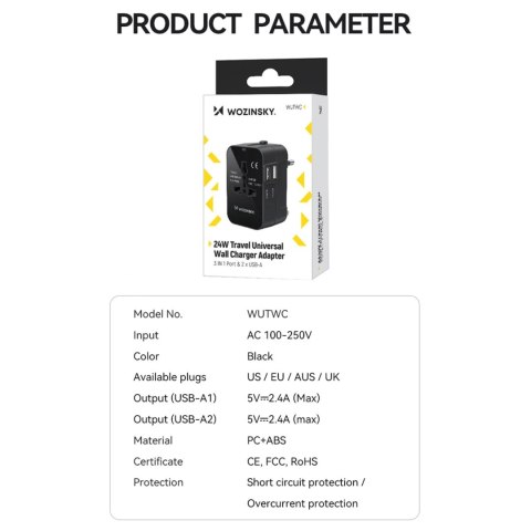 Adapter podróżny Wozinsky WUTWC uniwersalny 24W UE / US / AUS / UK / 2x USB-A - czarny Adapter podróżny Wozinsky WUTWC uniwersalny 24W UE / US / AUS / UK / 2x USB-A - czarny