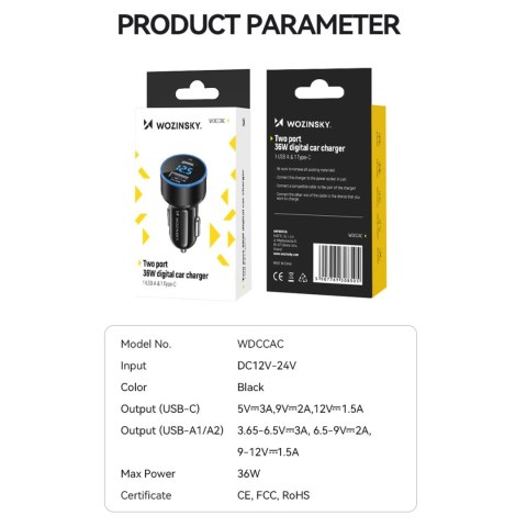 Ładowarka samochodowa Wozinsky WDCCAC USB-C USB-A 36W - czarna Ładowarka samochodowa Wozinsky WDCCAC USB-C USB-A 36W - czarna