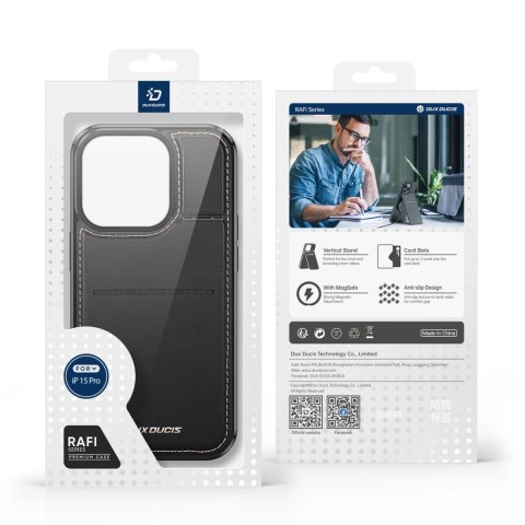 Etui portfel Dux Ducis Rafi Mag z podstawką 3w1 do iPhone 15 Pro z MagSafe i blokadą RFID - czarne Etui portfel Dux Ducis Rafi Mag z podstawką 3w1 do iPhone 15 Pro z MagSafe i blokadą RFID - czarne