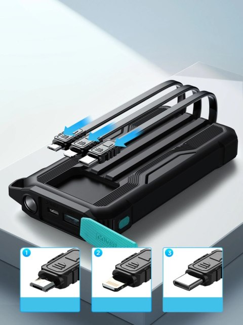 Powerbank 10000mAh Joyroom JR-L016 z wbudowanymi kablami USB-C/micro USB/Lightning - czarny Powerbank 10000mAh Joyroom JR-L016 z wbudowanymi kablami USB-C/micro USB/Lightning - czarny