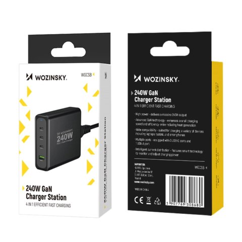 Ładowarka sieciowa GaN Wozinsky WGCSB 240W USB-A / 3 x USB-C - czarna Ładowarka sieciowa GaN Wozinsky WGCSB 240W USB-A / 3 x USB-C - czarna