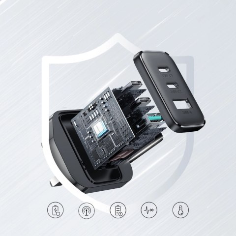 Szybka ładowarka Joyroom JR-TCF10 2x USB-C USB-A 32W (wtyczka UK) - czarna Szybka ładowarka Joyroom JR-TCF10 2x USB-C USB-A 32W (wtyczka UK) - czarna