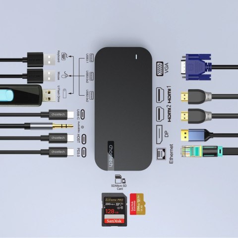 HUB Choetech M52 USB-C - USB-C PD/USB-C/USB-A/HDMI/VGA/DP/SD/TF/RJ45/AUX - szary HUB Choetech M52 USB-C - USB-C PD/USB-C/USB-A/HDMI/VGA/DP/SD/TF/RJ45/AUX - szary