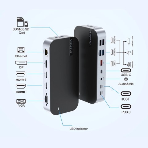 HUB Choetech M52 USB-C - USB-C PD/USB-C/USB-A/HDMI/VGA/DP/SD/TF/RJ45/AUX - szary HUB Choetech M52 USB-C - USB-C PD/USB-C/USB-A/HDMI/VGA/DP/SD/TF/RJ45/AUX - szary