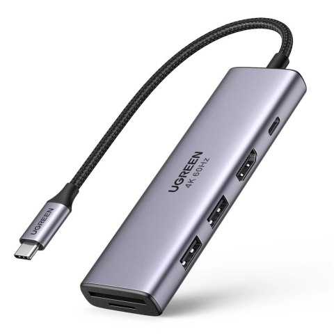 Ugreen 6w1 wielofunkcyjny HUB USB Typ C - 2x USB 3.2 Gen 1 / HDMI 4K 60Hz / czytnik kart SD i TF / USB Typ C PD 100W szary (6038 Ugreen 6w1 wielofunkcyjny HUB USB Typ C - 2x USB 3.2 Gen 1 / HDMI 4K 60Hz / czytnik kart SD i TF / USB Typ C PD 100W szary (6038