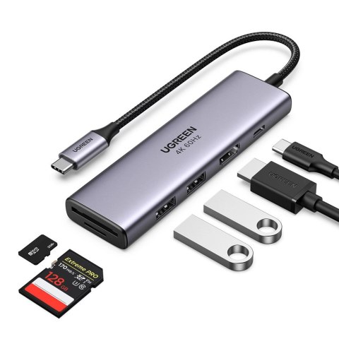 Ugreen 6w1 wielofunkcyjny HUB USB Typ C - 2x USB 3.2 Gen 1 / HDMI 4K 60Hz / czytnik kart SD i TF / USB Typ C PD 100W szary (6038 Ugreen 6w1 wielofunkcyjny HUB USB Typ C - 2x USB 3.2 Gen 1 / HDMI 4K 60Hz / czytnik kart SD i TF / USB Typ C PD 100W szary (6038