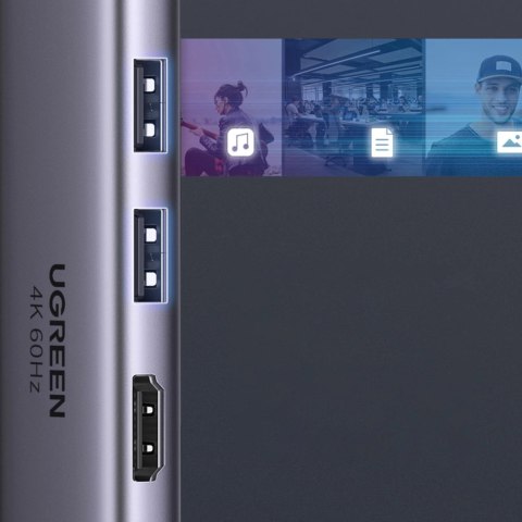 Ugreen 6w1 wielofunkcyjny HUB USB Typ C - 2x USB 3.2 Gen 1 / HDMI 4K 60Hz / czytnik kart SD i TF / USB Typ C PD 100W szary (6038 Ugreen 6w1 wielofunkcyjny HUB USB Typ C - 2x USB 3.2 Gen 1 / HDMI 4K 60Hz / czytnik kart SD i TF / USB Typ C PD 100W szary (6038