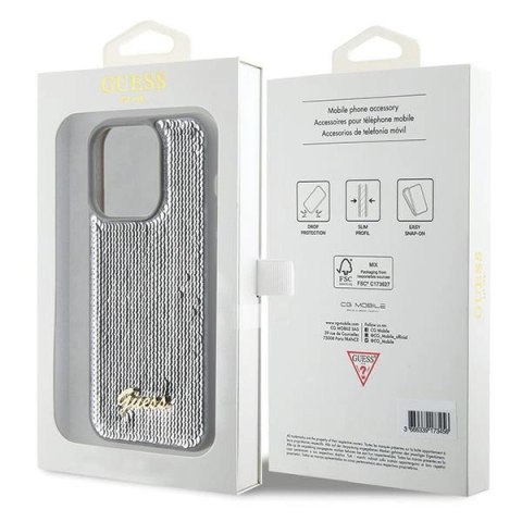 Etui Guess Sequin Script Metal na iPhone 15 Pro Max - srebrne
