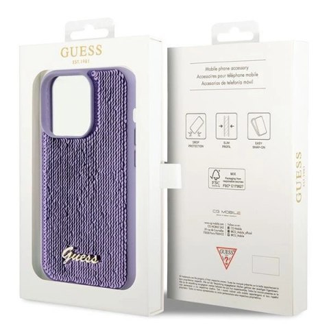 Etui Guess Sequin Script Metal na iPhone 15 Pro - fioletowe