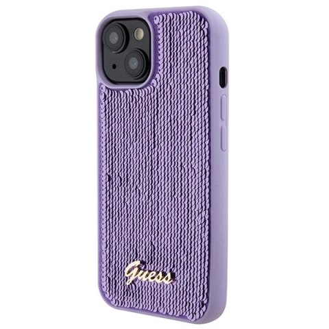 Etui Guess Sequin Script Metal na iPhone 15 - fioletowe