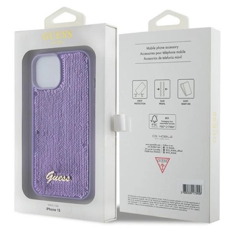 Etui Guess Sequin Script Metal na iPhone 15 - fioletowe