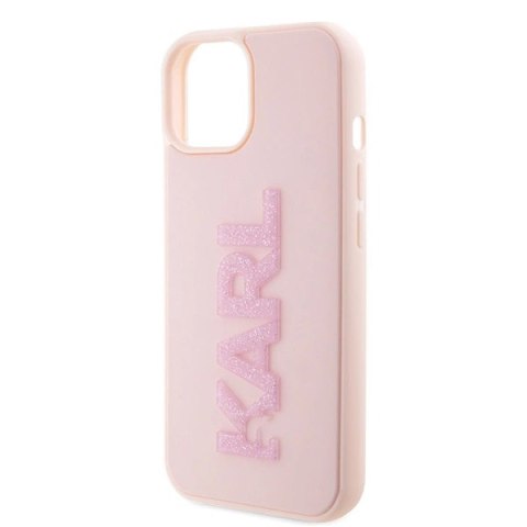 Etui Karl Lagerfeld 3D Rubber Glitter Logo na iPhone 15 - różowe Etui Karl Lagerfeld 3D Rubber Glitter Logo na iPhone 15 - różowe