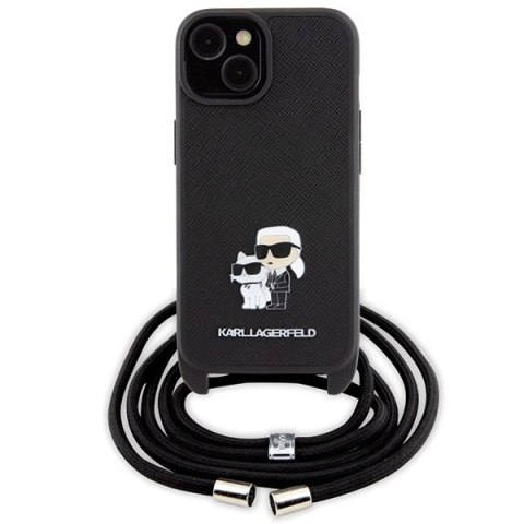 Etui Karl Lagerfeld Crossbody Saffiano Metal Pin Karl&Choupette na iPhone 15 - czarne Etui Karl Lagerfeld Crossbody Saffiano Metal Pin Karl&Choupette na iPhone 15 - czarne