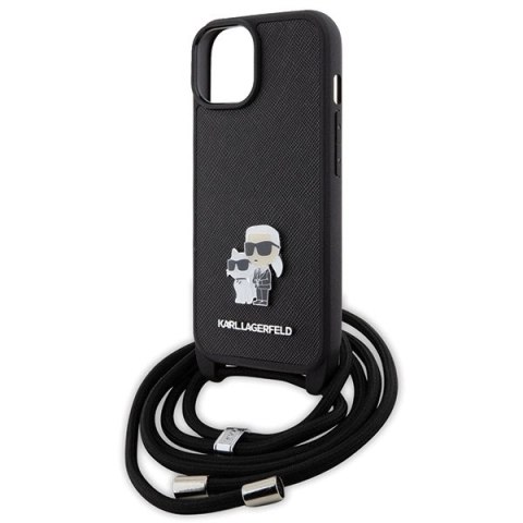 Etui Karl Lagerfeld Crossbody Saffiano Metal Pin Karl&Choupette na iPhone 15 - czarne Etui Karl Lagerfeld Crossbody Saffiano Metal Pin Karl&Choupette na iPhone 15 - czarne