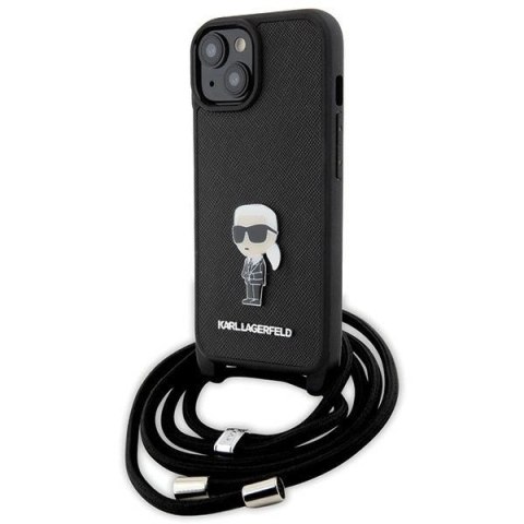 Etui Karl Lagerfeld Crossbody Saffiano Monogram Metal Pin Karl & Choupette na iPhone 15 - czarne Etui Karl Lagerfeld Crossbody Saffiano Monogram Metal Pin Karl & Choupette na iPhone 15 - czarne