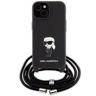 Etui Karl Lagerfeld Crossbody Saffiano Monogram Metal Pin Karl & Choupette na iPhone 15 - czarne