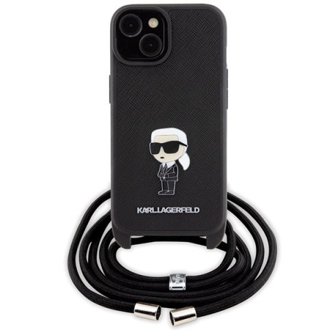 Etui Karl Lagerfeld Crossbody Saffiano Monogram Metal Pin Karl & Choupette na iPhone 15 - czarne Etui Karl Lagerfeld Crossbody Saffiano Monogram Metal Pin Karl & Choupette na iPhone 15 - czarne