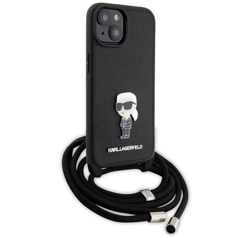 Etui Karl Lagerfeld Crossbody Saffiano Monogram Metal Pin Karl & Choupette na iPhone 15 - czarne Etui Karl Lagerfeld Crossbody Saffiano Monogram Metal Pin Karl & Choupette na iPhone 15 - czarne