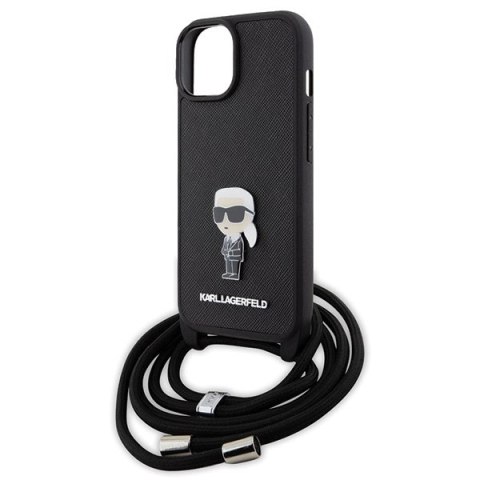 Etui Karl Lagerfeld Crossbody Saffiano Monogram Metal Pin Karl & Choupette na iPhone 15 - czarne Etui Karl Lagerfeld Crossbody Saffiano Monogram Metal Pin Karl & Choupette na iPhone 15 - czarne