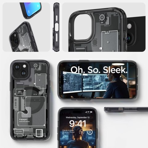 Etui Spigen Ultra Hybrid Mag z MagSafe na iPhone 15 Plus - ciemnoszare (wzór Zero One) Etui Spigen Ultra Hybrid Mag z MagSafe na iPhone 15 Plus - ciemnoszare (wzór Zero One)
