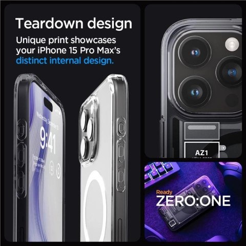 Etui Spigen Ultra Hybrid Mag z MagSafe na iPhone 15 Pro Max - ciemnoszare (wzór Zero One) Etui Spigen Ultra Hybrid Mag z MagSafe na iPhone 15 Pro Max - ciemnoszare (wzór Zero One)