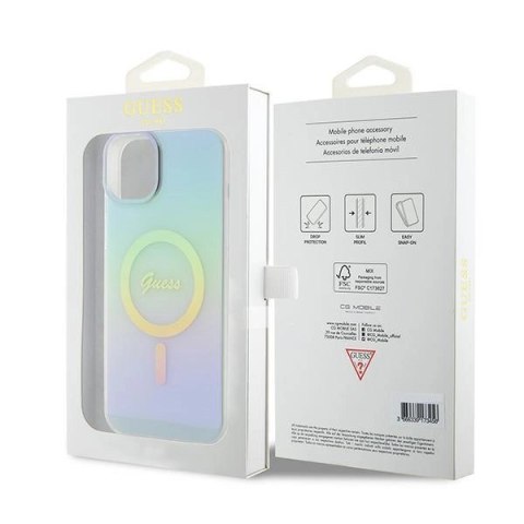 Etui Guess IML Iridescent MagSafe do iPhone 15 Plus - turkusowe