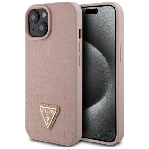 Etui Guess Croco Triangle Metal Logo do iPhone 15 - różowe