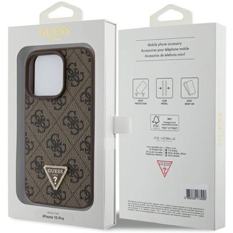 Etui Guess Leather 4G Triangle Strass do iPhone 15 Pro - brązowe
