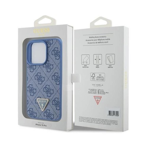 Etui Guess Leather 4G Triangle Strass do iPhone 15 Pro - niebieskie