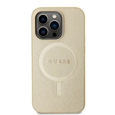 Etui Guess Saffiano MagSafe do iPhone 15 Pro - złote