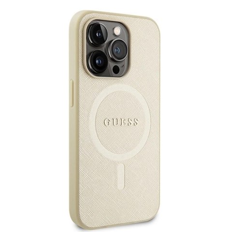 Etui Guess Saffiano MagSafe do iPhone 15 Pro - złote