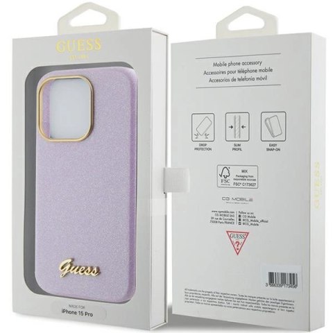 Etui Guess Glitter Glossy Script do iPhone 15 Pro - liliowe