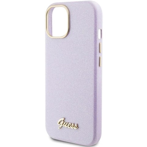 Etui Guess Glitter Glossy Script do iPhone 15 - liliowe