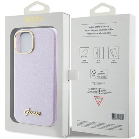 Etui Guess Glitter Glossy Script do iPhone 15 - liliowe