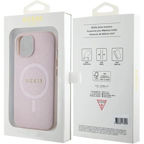 Etui Guess Saffiano MagSafe do iPhone 15 Plus - różowe