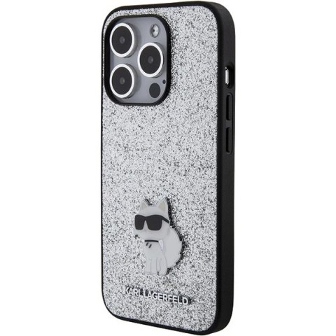 Etui Karl Lagerfeld Fixed Glitter Choupette Logo Metal Pin do iPhone 15 Pro Max - srebrne Etui Karl Lagerfeld Fixed Glitter Choupette Logo Metal Pin do iPhone 15 Pro Max - srebrne